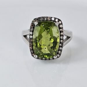 Natural Peridot & Champagne Diamond Ring Rhodium Sterling Silver Size 7